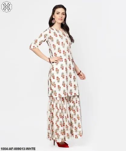 Daily Straight Nayo White Printed Half Sleeve Cotton Kurta With Sahara, Size: XS-XXXL, Wash Care: Handwash