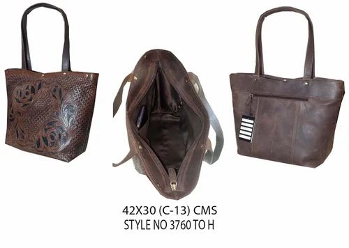 Fashionable Brown Tooled Leather Shoulder handbag, Size: 42x30x13