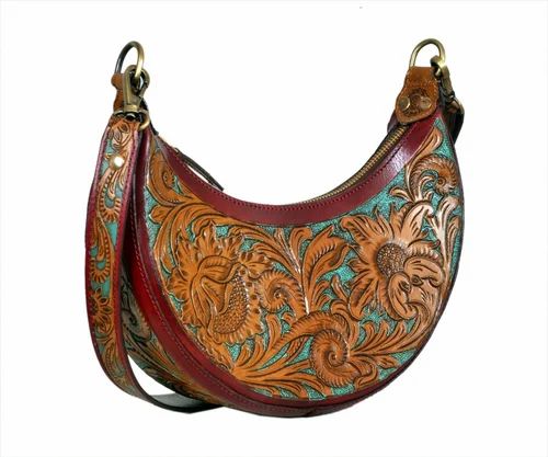 HandCrafted Hand-Carving Tooled Vintage Fashion Veg-Tan Leather Women Hobo Bag