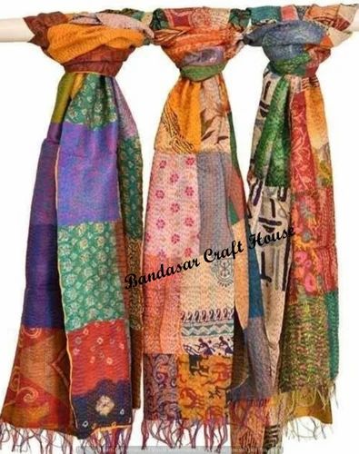 Multicolor Vintage Patchwork Kantha Silk Scarf