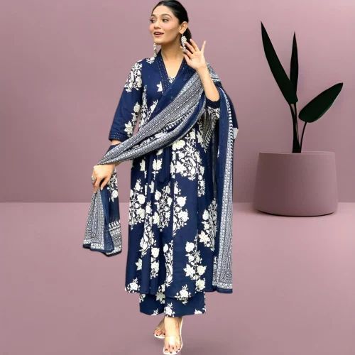 Indian Women's Pure Cotton Embroidered Kurti Palazzo Dupatta Set, Casual Wear