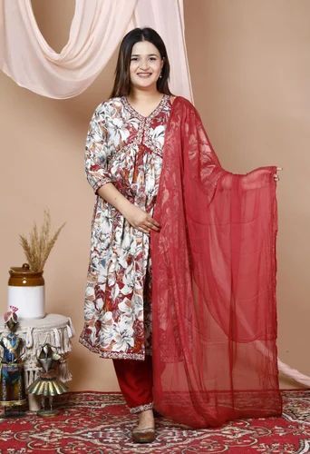 3 Piece Long Flared Kurti Pant with Dupatta Set For Women Indian designer Salwar Kameez