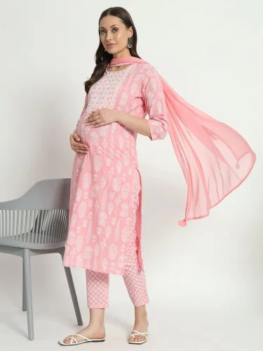 Cotton White Valentine Sale Pink Color Indian Maternity Kurti Set