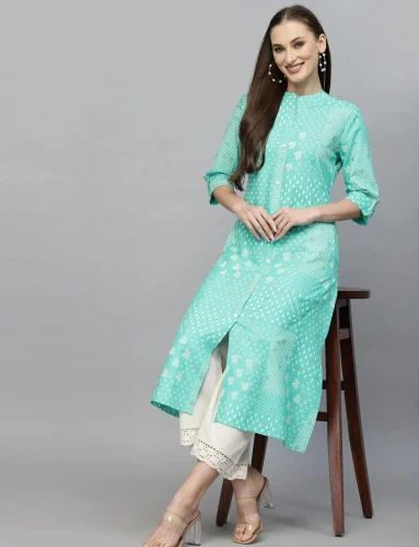 Turquoise Blue Printed Summer Kurti Kurta Top, Long Kurti, Rayon Kurti, Summer Dress