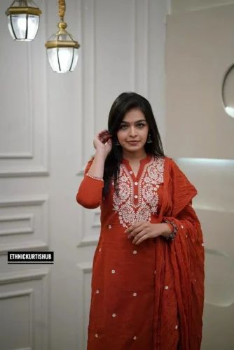 Red Cotton Kurti Pant Pure Cotton Heavy Embroidery Pant Suit Set Red Dupatta Handmade Kurtis