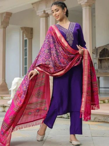 Indian Women's Beautiful Sequence Embroidery & Gota Lace Kurta Pant with Dupatta Set