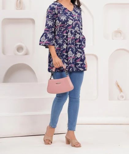 Blue Cotton Ladies Printed Kurtis
