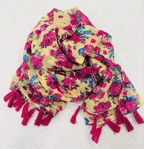 Cotton Pink Rayon Printed Stole With Tassels