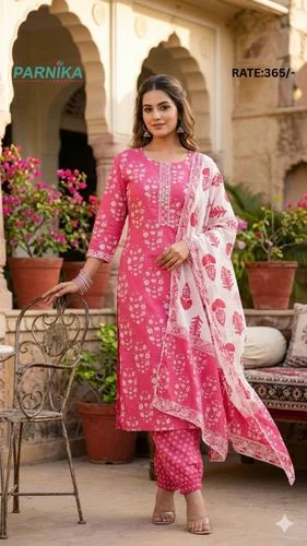Floral Printed Kurti Pant Set with Cotton Dupatta