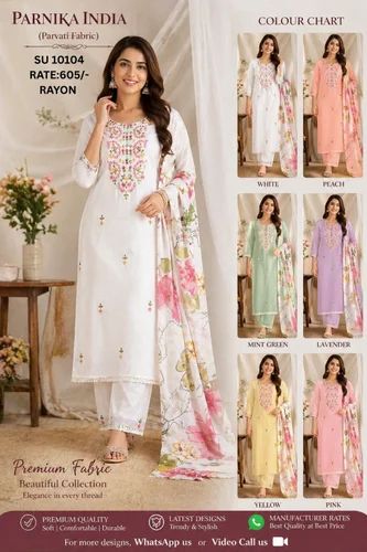 Premium Rayon Embroidered Kurti Pant Set with Floral Dupatta