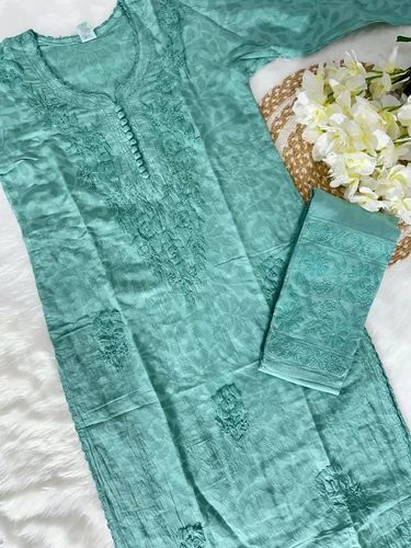 Lucknowi Chikankari Kurti, Cotton, Machine Embroidery