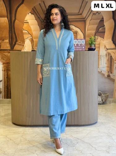 Embroidered Cotton Kurti Pant Set For Casual Wear (2-Piece Set)