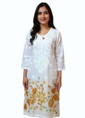 Cotton Printed Chikan Kurti, Hand Chikankari