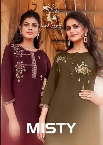 Machine Embroidery Fancy Embroidered Kurtis, Rayon