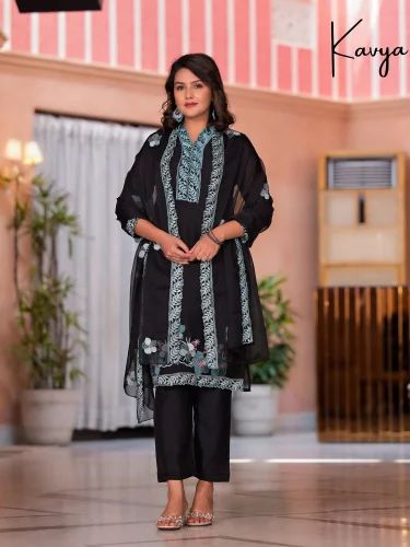 Embroidered Organza Kurti - Straight, Half Sleeves, Viscose Fabric (Kurta-Palazzo Set, Size M)