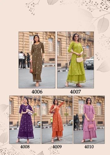 Straight Embroidered Kurti With Palazzo, Rayon