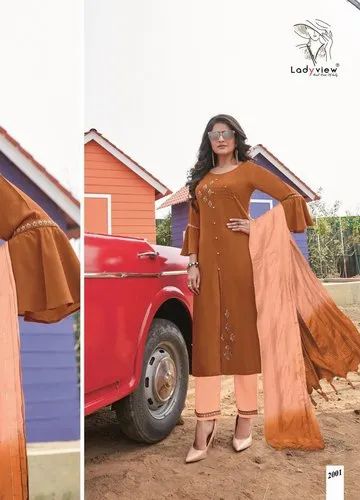 Embroidered A-Line Latest Designer Fancy Kurti, Rayon
