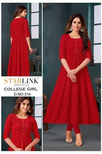 Reyon Lucknowi Chikan Kurti, Hand Chikankari