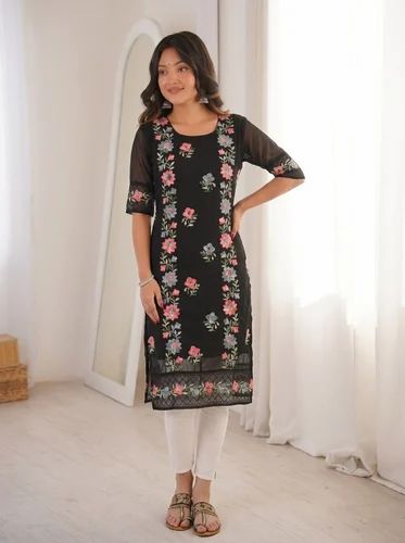 Georgette Ladies Chikan Kurti, Machine Chikankari