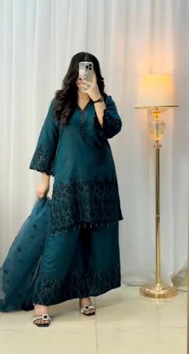 Teal Green Silk Party Wear Combination of Top, Pant & Dupatta, Full Sleeve
