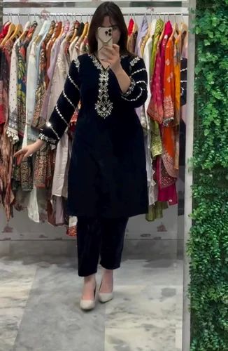 Velvet Embroidered Ladies Designer Kurti Pant Set