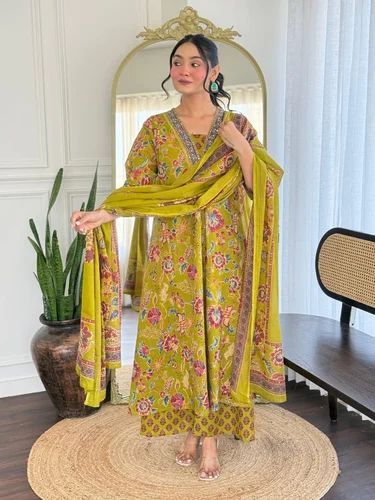 Printed Cotton Anarkali Kurti With Pent And Mulmul Duptta