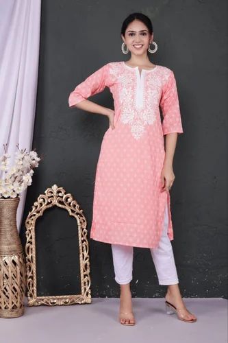 Brocade Cotton Chikankari Kurtis, Size: 22-38
