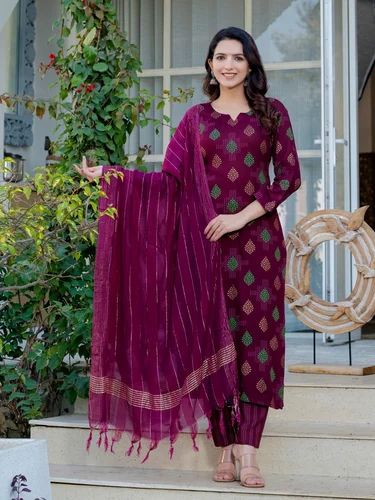 Fully Stitched Rayon Kurti-Pant-Dupatta Set, Printed