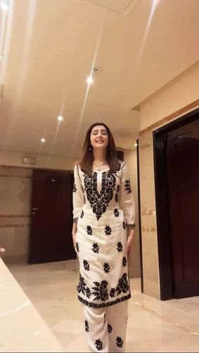 Flared Designer White & Black Embroidered Rayon Kurti Pant Set