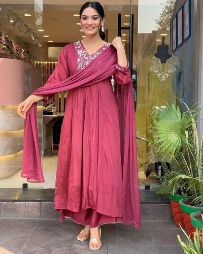 Machine Embroidery Traditional Chinon Anarkali Embroidered Kurti, flowy