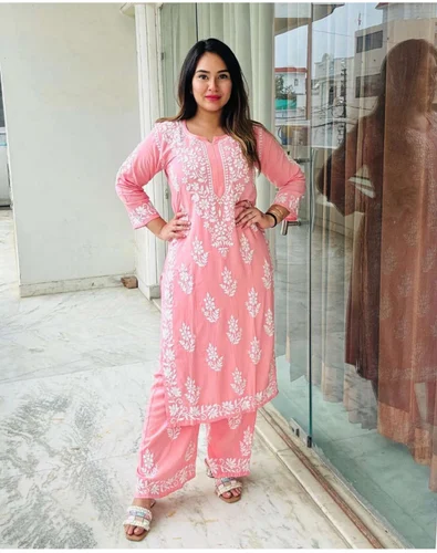 Original Chikan Straight Rayon Kurti Plazo Collection Wholesale Exporter