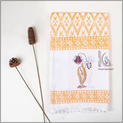 Yellow Hand Block Printed Cotton Stoles