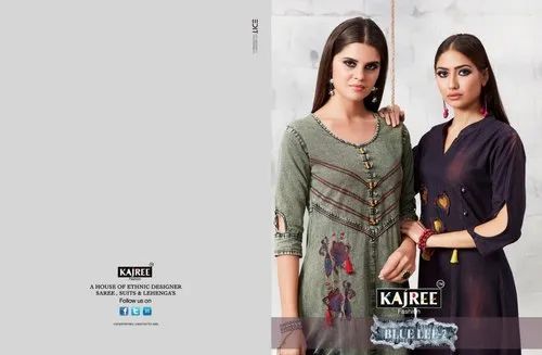 Cotton Party Wear Ladies Round Neck Printed Denim Kurtis, Wash Care: Machine wash