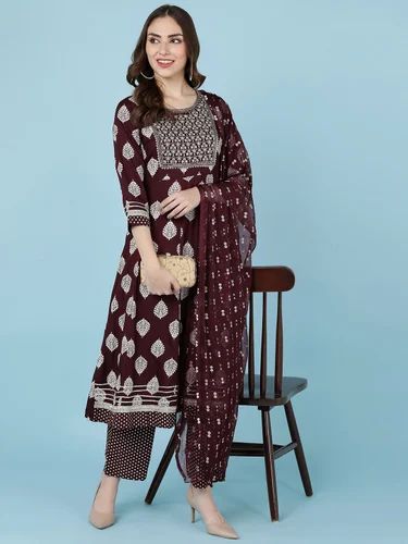 Casual Wear Rayon Embroidered Kurta & Pant With Printed Chiffon Dupatta, 3-Piece Set