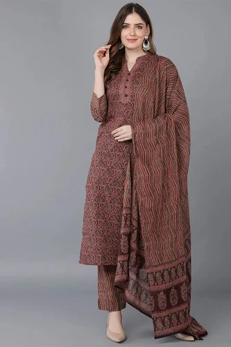 Women's Cotton Blend Printed Kurta Pants With Dupatta