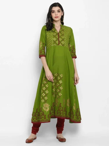 Women's Green Cotton Printed Anarkali Kurti With Block Print (1 Pc)