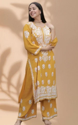 Women's Mustard Lucknowi Embroidery Worked Premuim Rayon Lucknowi Kurta Set