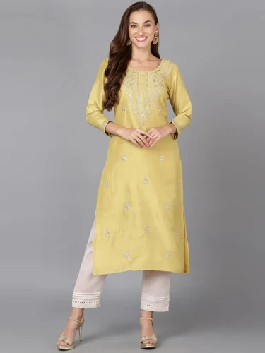 Women's Banana Yellow Silk Blend Embroidered Work Wear Kurta