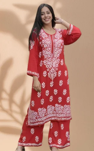 Women's Red Lucknowi Embroidery Worked Premuim Rayon Lucknowi Kurta Set