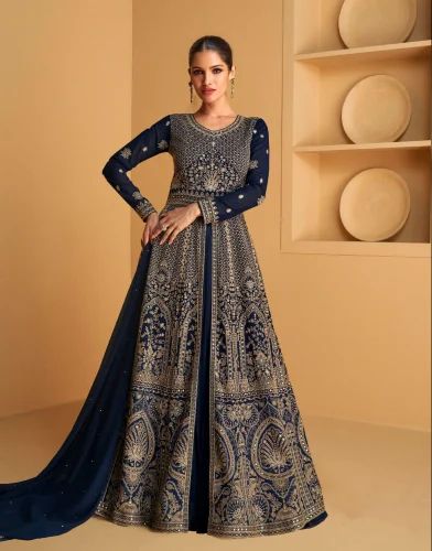 Georgette Navy Blue Latest Embroidery Work Anarkali A-Line Bridal Gown