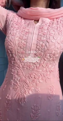 Ladies Rayon Fabric Embroidered Chikankari Work Kurti Palazzo Set