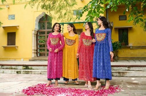 Ladies Bandhej Print with Kutchi Patch Work Navarati Georgette Kurti, Size: M TO 2XL