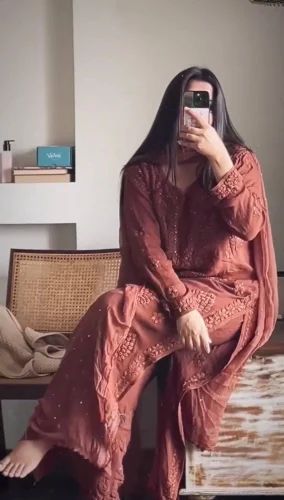 Ladies Heavy Faux Georgette with Embroidery Diamond Hand Work Chikankari Kurti Palazzo Suit
