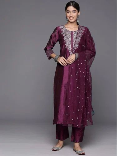 Fancy Roman Silk Kurti Set With Coding Work