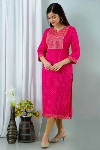 Embroidery Work With Foil Print Kurti, Reyon