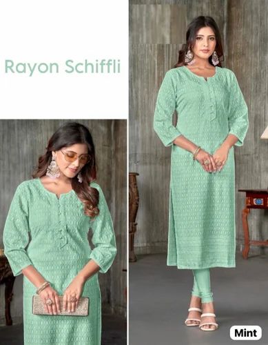 Rayon Schiffli Work Straight Kurti, Machine Chikankari