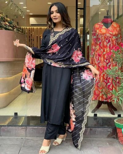 New Embroidery Black Stylish Export Kurti Set, Chanderi