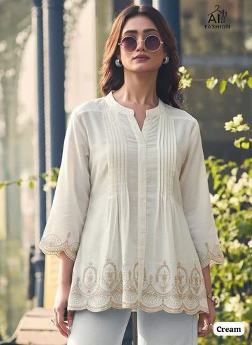 Rayon Embroidered Short length Kurti with pleated pattern and Embroidery Work