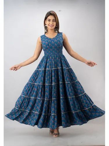 Indolady Casual Wear Ladies Sleeveless Printed Long Kurti, Wash Care: Handwash