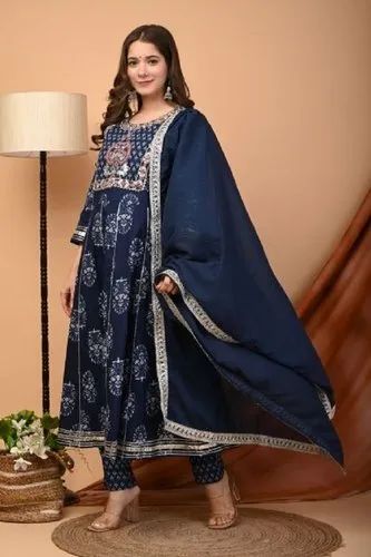 Cotton Embroidery Anarkali Kurta Pant With Dupatta, Medium